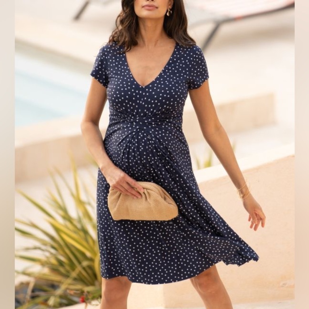 Seraphine Maternity Jersey Knit Dress Cap Sleeve Navy Blue Polka Dot NWT - Picture 12 of 13